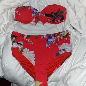 High waisted red patterned bikini